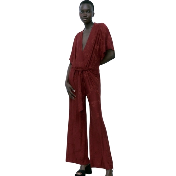 Zara Burgundy Tone on Tone Floral Jersey Knit Jumpsuit Size Medium - Picture 1 of 5